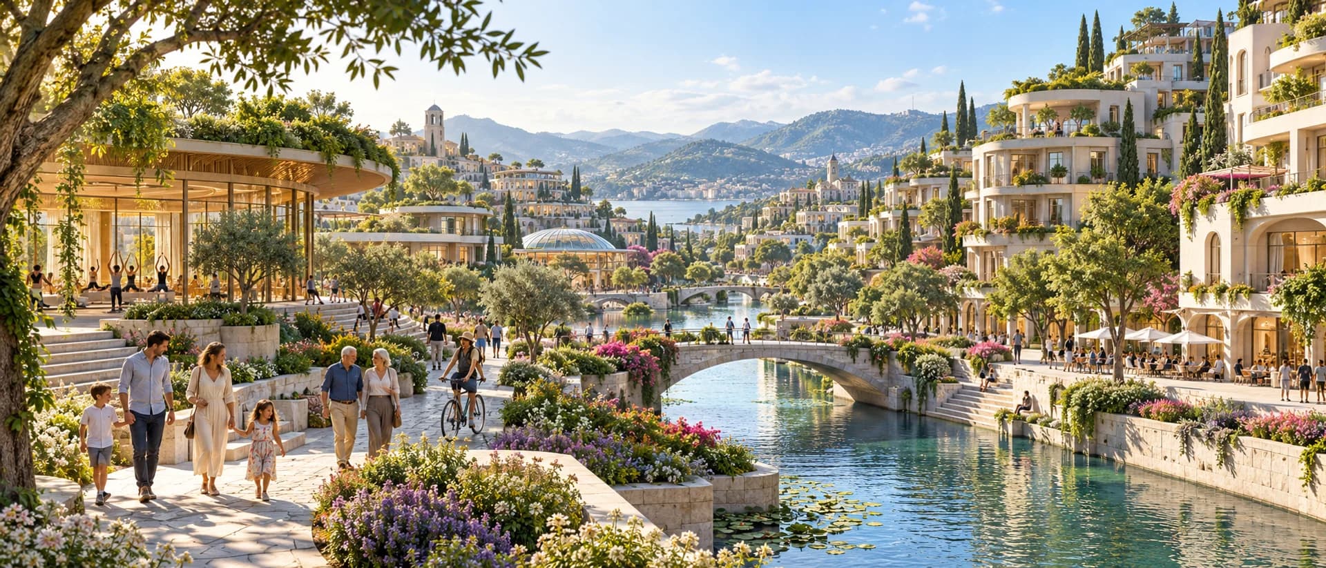 Concept illustration: green terraces, gardens, a walkable waterfront and people of different ages